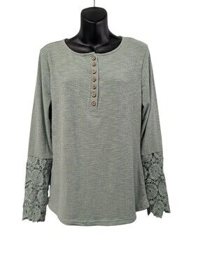 Kancystore Sage Green Ribbed Henley Top Crochet Lace Long Sleeve Blouse Size L